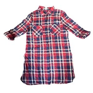 LE3NO Womens Red Blue Plaid Cotton Button‎ Down Shirt Dress Tunic Small